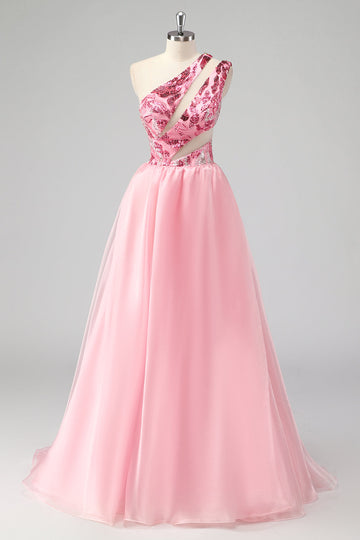 Rose Une Épaule Creuse Une Ligne Appliques Robe de soirée